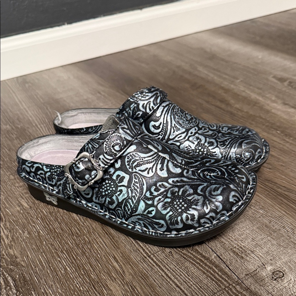 Allegri Black and Blue Floral Clogs